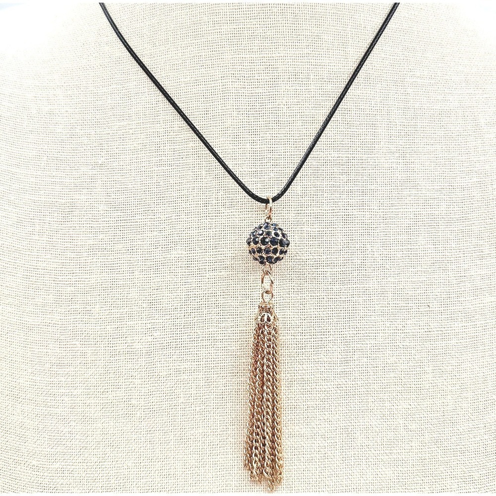 Vintage 90s Blue Glass Gold Tone Ball Tassel Pendant Black Cord Necklace Jewelry